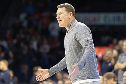 Nov 17, 2022; Tucson, Arizona, USA; University of Arizona Wildcats head coach Tommy Lloyd reacts against the Utah Tech at McKale Center. Mandatory Credit: David Cruz-USA TODAY Sports
