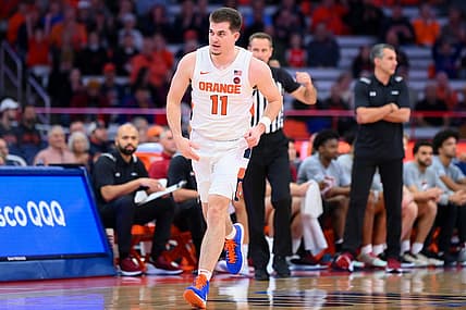 Nov 15, 2022; Syracuse, New York, USA; Syracuse Orange guard Joseph Girard III (11) looks on against the Colgate Raiders during the first half at the JMA Wireless Dome. Mandatory Credit: Rich Barnes-USA TODAY Sports