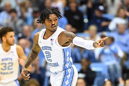 Nov 20, 2022; Chapel Hill, North Carolina, USA; North Carolina Tar Heels guard Caleb Love (2) reacts in the first half at Dean E. Smith Center. Mandatory Credit: Bob Donnan-USA TODAY Sports