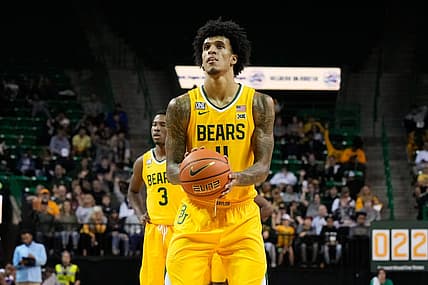 Nov 23, 2022; Waco, Texas, USA;  Baylor Bears forward Jalen Bridges (11) shoots a free throw against the McNeese State Cowboys during the second half at Ferrell Center. Mandatory Credit: Chris Jones-USA TODAY Sports