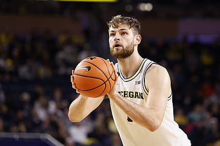 Nov 23, 2022; Ann Arbor, Michigan, USA;  Michigan Wolverines center Hunter Dickinson (1) takes a free throw in the first half against the Jackson State Tigers at Crisler Center. Mandatory Credit: Rick Osentoski-USA TODAY Sports