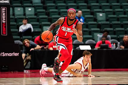 Nov 27, 2022; Orlando, FL, USA; Mississippi Rebels guard Amaree Abram (1) dribbles the ball up the court against the Oklahoma Sooners during the second half at ESPN Wide World of Sports. Mandatory Credit: Rich Storry-USA TODAY Sports