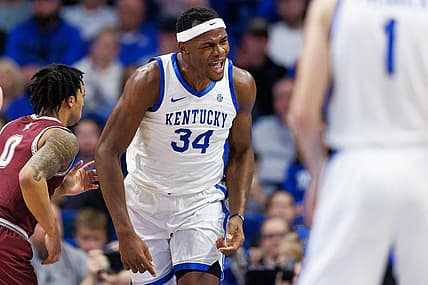 Nov 29, 2022; Lexington, Kentucky, USA; Kentucky Wildcats forward Oscar Tshiebwe (34) celebrates a basket during the first half against the Bellarmine Knights at Rupp Arena at Central Bank Center. Mandatory Credit: Jordan Prather-USA TODAY Sports