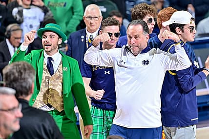 Nov 30, 2022; South Bend, Indiana, USA; Notre Dame Fighting Irish head coach Mike Brey reacts after Notre Dame defeated the Michigan State Spartans 70-52 at the Purcell Pavilion. Mandatory Credit: Matt Cashore-USA TODAY Sports