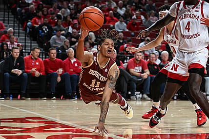 Nov 30, 2022; Lincoln, Nebraska, USA;  Boston College Eagles guard Makai Ashton-Langford (11) saves a loose ball against the Nebraska Cornhuskers in the second half at Pinnacle Bank Arena. Mandatory Credit: Steven Branscombe-USA TODAY Sports