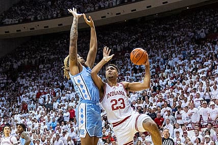 Nov 30, 2022; Bloomington, Indiana, USA; Indiana Hoosiers forward Trayce Jackson-Davis (23) shoots the ball while North Carolina Tar Heels forward Armando Bacot (5) defends in the first half  at Simon Skjodt Assembly Hall. Mandatory Credit: Trevor Ruszkowski-USA TODAY Sports