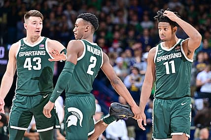 Nov 30, 2022; South Bend, Indiana, USA; Michigan State Spartans guard Jason Whitens (43) guard Tyson Walker (2) and guard A.J. Hoggard (11) prepare to start the second half against the Notre Dame Fighting Irish at the Purcell Pavilion. Mandatory Credit: Matt Cashore-USA TODAY Sports