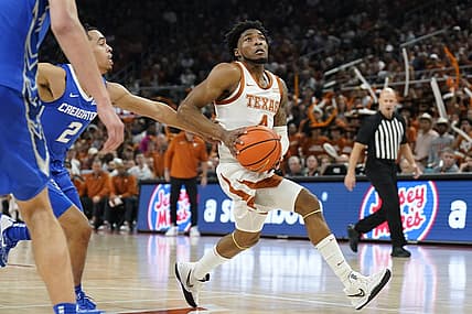 Dec 1, 2022; Austin, Texas, USA; Texas Longhorns guard Tyrese Hunter (4) drives to the basket during the first half against the Creighton Bluejays  at Moody Center. Mandatory Credit: Scott Wachter-USA TODAY Sports