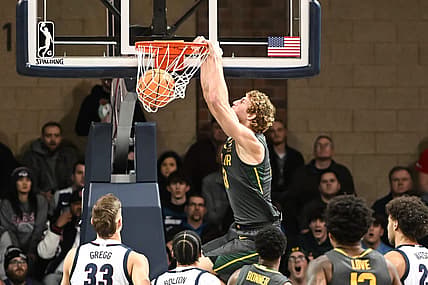 Dec 2, 2022; Sioux Falls, South Dakota, USA;  Baylor Bears forward Caleb Lohner (33) dunks against the Gonzaga Bulldogs in the first half at Sanford Pentagon. Mandatory Credit: Steven Branscombe-USA TODAY Sports