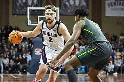 Dec 2, 2022; Sioux Falls, South Dakota, USA;  Gonzaga Bulldogs forward Drew Timme (2) drives against Baylor Bears forward Flo Thamba (0) in the first half at Sanford Pentagon. Mandatory Credit: Steven Branscombe-USA TODAY Sports
