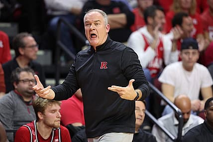 Dec 3, 2022; Piscataway, New Jersey, USA; Rutgers Scarlet Knights head coach Steve Pikiell reacts during the first half against the Indiana Hoosiers at Jersey Mike's Arena. Mandatory Credit: Vincent Carchietta-USA TODAY Sports