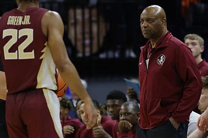 Dec 3, 2022; Charlottesville, Virginia, USA; Florida State Seminoles head coach Leonard Hamilton looks on from the bench against the Virginia Cavaliers in the second half at John Paul Jones Arena. Mandatory Credit: Geoff Burke-USA TODAY Sports