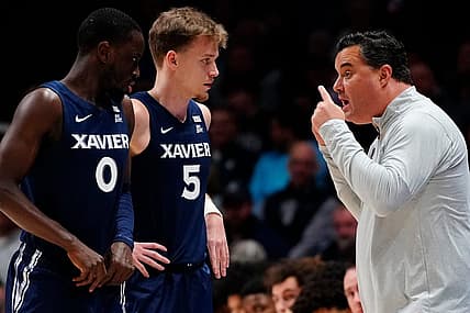Xavier Musketeers head coach Sean Miller directs guard Souley Boum (0) and guard Adam Kunkel (5) in the first half of the NCAA basketball game between the Xavier Musketeers and the West Virginia Mountaineers at the Cintas Center in Cincinnati on Saturday, Dec. 3, 2022. The Mountaineers led 43-36 at halftime.

West Virginia Mountaineers At Xavier Musketeers Basketball