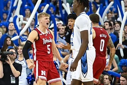 Dec 4, 2022; Omaha, Nebraska, USA; Nebraska Cornhuskers guard Sam Griesel (5) reacts after scoring against the Creighton Bluejays in the second half at CHI Health Center Omaha. Mandatory Credit: Steven Branscombe-USA TODAY Sports