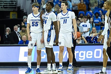 Dec 4, 2022; Omaha, Nebraska, USA; Creighton Bluejays forward Arthur Kaluma (24) and guard Baylor Scheierman (55) and center Ryan Kalkbrenner (11) looks to the bench against the Nebraska Cornhuskers in the first half at CHI Health Center Omaha. Mandatory Credit: Steven Branscombe-USA TODAY Sports