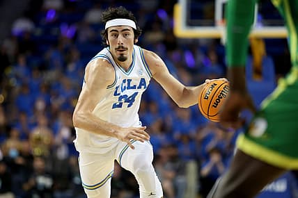 Dec 4, 2022; Los Angeles, California, USA; UCLA Bruins guard Jaime Jaquez Jr. (24) dribbles a ball during the second half against the Oregon Ducks at Pauley Pavilion presented by Wescom. Mandatory Credit: Kiyoshi Mio-USA TODAY Sports