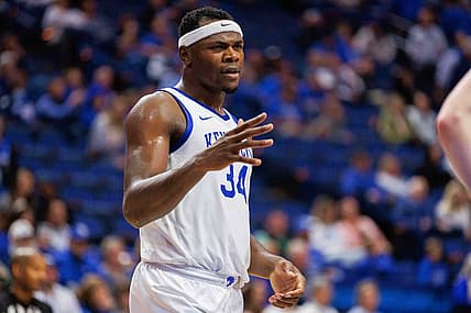 Nov 29, 2022; Lexington, Kentucky, USA; Kentucky Wildcats forward Oscar Tshiebwe (34) shakes hands with Bellarmine Knights players after the game at Rupp Arena at Central Bank Center. Mandatory Credit: Jordan Prather-USA TODAY Sports