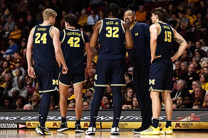 Dec 8, 2022; Minneapolis, Minnesota, USA; Michigan Wolverines head coach Juwan Howard talks to his players during the second half against the Minnesota Golden Gophers at Williams Arena. Mandatory Credit: Matt Krohn-USA TODAY Sports