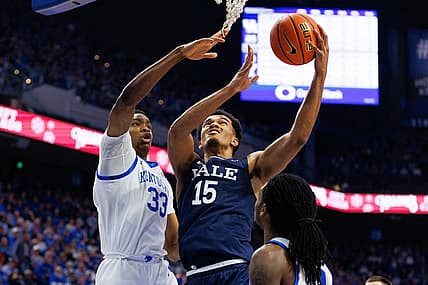 Dec 10, 2022; Lexington, Kentucky, USA; Yale Bulldogs forward EJ Jarvis (15) goes to the basket during the first half against the Kentucky Wildcats at Rupp Arena at Central Bank Center. Mandatory Credit: Jordan Prather-USA TODAY Sports