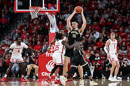 Dec 10, 2022; Lincoln, Nebraska, USA;  Purdue Boilermakers center Zach Edey (15) holds the ball high against the Nebraska Cornhuskers in the first half at Pinnacle Bank Arena. Mandatory Credit: Steven Branscombe-USA TODAY Sports
