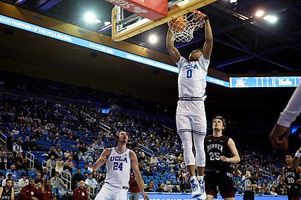 Dec 10, 2022; Los Angeles, California, USA;  UCLA Bruins guard Jaylen Clark (0) dunks the ball during the first half against the Denver Pioneers at Pauley Pavilion presented by Wescom. Mandatory Credit: Kiyoshi Mio-USA TODAY Sports