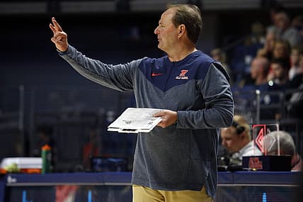 Dec 10, 2022; Oxford, Mississippi, USA; Mississippi Rebels head coach Kermit Davis gives direction during the second half against the Valparaiso Beacons at The Sandy and John Black Pavilion at Ole Miss. Mandatory Credit: Petre Thomas-USA TODAY Sports