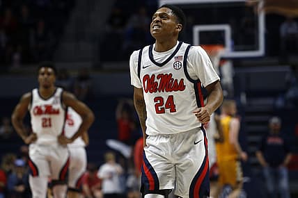 Dec 10, 2022; Oxford, Mississippi, USA; Mississippi Rebels guard Daeshun Ruffin (24) reacts after a basket during the second half at The Sandy and John Black Pavilion at Ole Miss. Mandatory Credit: Petre Thomas-USA TODAY Sports