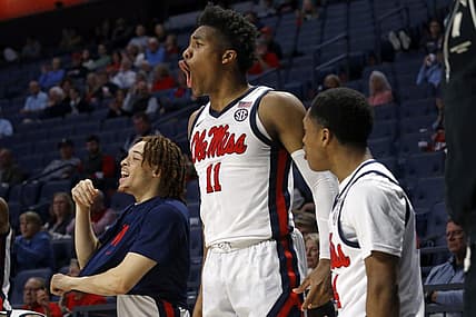 Dec 10, 2022; Oxford, Mississippi, USA; Mississippi Rebels guard Matthew Murrell (11) reacts from the bench during the second half against the Valparaiso Beacons at The Sandy and John Black Pavilion at Ole Miss. Mandatory Credit: Petre Thomas-USA TODAY Sports