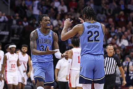 Dec 10, 2022; Newark, New Jersey, USA; Villanova Wildcats forward Cam Whitmore (22) celebrates after a basket with forward Brandon Slater (34) during the second half against the Boston College Eagles at Prudential Center. Mandatory Credit: Vincent Carchietta-USA TODAY Sports