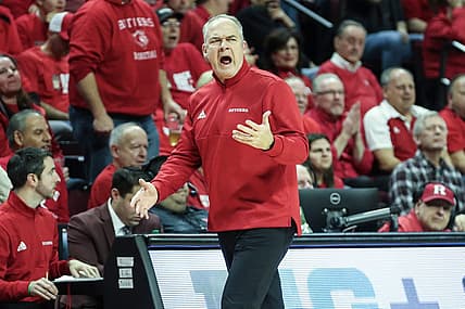 Dec 11, 2022; Piscataway, New Jersey, USA;  Rutgers Scarlet Knights head coach Steve Pikiell argues about a call in the first half against the Seton Hall Pirates at Jersey Mike's Arena. Mandatory Credit: Wendell Cruz-USA TODAY Sports