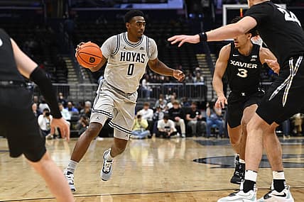 Dec 16, 2022; Washington, District of Columbia, USA; Georgetown Hoyas guard Brandon Murray (0) dribbles against the Xavier Musketeers during the first half at Capital One Arena. Mandatory Credit: Brad Mills-USA TODAY Sports