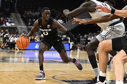 Dec 16, 2022; Washington, District of Columbia, USA; Xavier Musketeers guard Souley Boum (0) dribbles against the Georgetown Hoyas during the second half at Capital One Arena. Mandatory Credit: Brad Mills-USA TODAY Sports