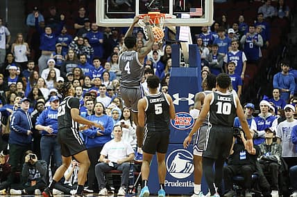 Dec 17, 2022; Newark, New Jersey, USA; Seton Hall Pirates forward Tyrese Samuel (4) dunks the ball against the Providence Friars during the first half at Prudential Center. Mandatory Credit: Thomas Salus-USA TODAY Sports