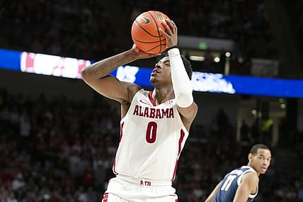 Dec 17, 2022; Birmingham, Alabama, USA;  Alabama Crimson Tide guard Jaden Bradley (0) shoots against Gonzaga Bulldogs during the first half at Legacy Arena at BJCC. Mandatory Credit: Marvin Gentry-USA TODAY Sports