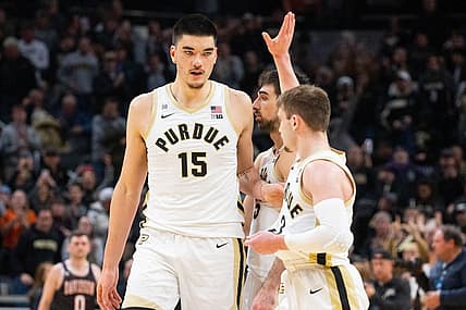 Dec 17, 2022; Indianapolis, Indiana, USA; Purdue Boilermakers guard Braden Smith (3) celebrates with center Zach Edey (15) after defeating the Davidson Wildcats at Gainbridge Fieldhouse. Mandatory Credit: Trevor Ruszkowski-USA TODAY Sports