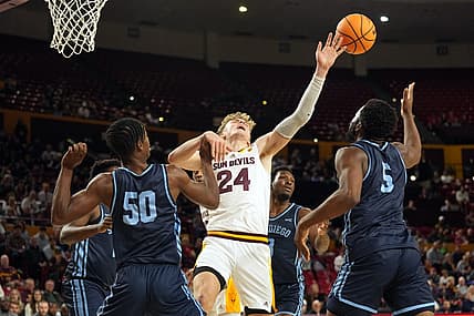 Dec 18, 2022; Tempe, Arizona, USA; Arizona State Sun Devils forward Duke Brennan (24) attempts to grab a rebound against San Diego Toreros during the first half at Desert Financial Arena. Mandatory Credit: Joe Camporeale-USA TODAY Sports