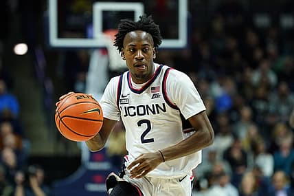 Dec 20, 2022; Storrs, Connecticut, USA; UConn Huskies guard Tristen Newton (2) returns the ball against the Georgetown Hoyas in the first half at Harry A. Gampel Pavilion. Mandatory Credit: David Butler II-USA TODAY Sports