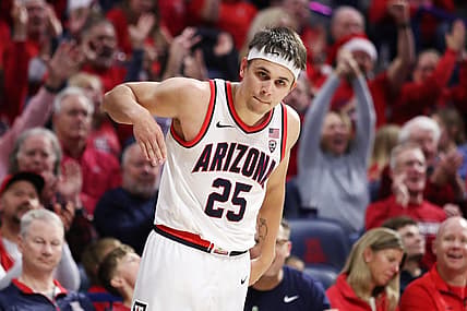 Dec 20, 2022; Tucson, Arizona, USA;Arizona Wildcats guard Kerr Kriisa (25) celebrates after a basket in the second half at McKale Center. Mandatory Credit: Zachary BonDurant-USA TODAY Sports