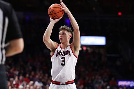 Dec 20, 2022; Tucson, Arizona, USA;Arizona Wildcats guard Pelle Larsson (3) makes a foul shot in the second half at McKale Center. Mandatory Credit: Zachary BonDurant-USA TODAY Sports