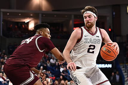 Dec 20, 2022; Spokane, Washington, USA; Gonzaga Bulldogs forward Drew Timme (2) shoots the ball against Montana Grizzlies forward Dischon Thomas (24) in the second half at McCarthey Athletic Center. Gonzaga won 85-75. Mandatory Credit: James Snook-USA TODAY Sports