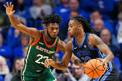 Dec 21, 2022; Lexington, Kentucky, USA; Florida A&M Rattlers guard Jordan Tillmon (23) guards Kentucky Wildcats guard Cason Wallace (22) during the first half at Rupp Arena at Central Bank Center. Mandatory Credit: Jordan Prather-USA TODAY Sports