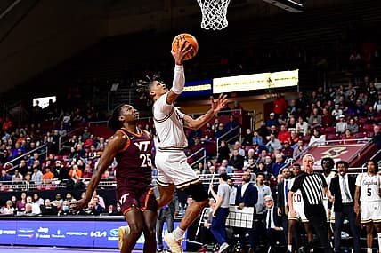Dec 21, 2022; Chestnut Hill, Massachusetts, USA; Boston College Eagles guard Makai Ashton-Langford (11) attempts a shot during the second half against the Virginia Tech Hokies at Conte Forum. Mandatory Credit: Eric Canha-USA TODAY Sports