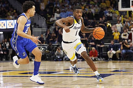 Dec 16, 2022; Milwaukee, Wisconsin, USA;  Marquette Golden Eagles guard Kam Jones (1) during the game against the Creighton Bluejays at Fiserv Forum. Mandatory Credit: Jeff Hanisch-USA TODAY Sports