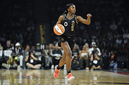 Sep 13, 2022; Las Vegas, Nevada, USA; Las Vegas Aces guard Jackie Young (0) dribbles the ball during the first quarter against the Connecticut Sun in game two of the WNBA Finals at Michelob Ultra Arena. Mandatory Credit: Lucas Peltier-USA TODAY Sports