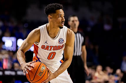 Nov 7, 2022; Gainesville, Florida, USA; Florida Gators guard Myreon Jones (0) looks to pass during the second half against the Stony Brook Seawolves at Exactech Arena at the Stephen C. O'Connell Center. Mandatory Credit: Matt Pendleton-USA TODAY Sports