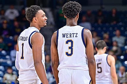 Dec 7, 2022; South Bend, Indiana, USA; Notre Dame Fighting Irish guard JJ Starling (1) talks to guard Trey Wertz (3) in the second half against the Boston University Terriers at the Purcell Pavilion. Mandatory Credit: Matt Cashore-USA TODAY Sports