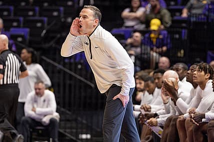 Dec 13, 2022; Baton Rouge, Louisiana, USA; LSU Tigers head coach Matt McMahon yells at his players from the bench against the North Carolina Central Eagles during the first half at Pete Maravich Assembly Center. Mandatory Credit: Stephen Lew-USA TODAY Sports