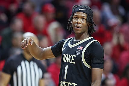 Dec 17, 2022; Piscataway, New Jersey, USA; Wake Forest Demon Deacons guard Tyree Appleby (1) reacts after being called for a foul during the second half against the Rutgers Scarlet Knights at Jersey Mike's Arena. Mandatory Credit: Vincent Carchietta-USA TODAY Sports
