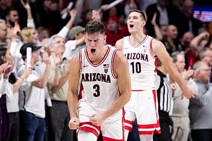 Dec 17, 2022; Tucson, Arizona, USA; Arizona Wildcats guard Pelle Larsson (3) and forward Azuolas Tubelis (10) celebrate during the second half of a victory over the Tennessee Volunteers at McKale Center. Mandatory Credit: Zachary BonDurant-USA TODAY Sports