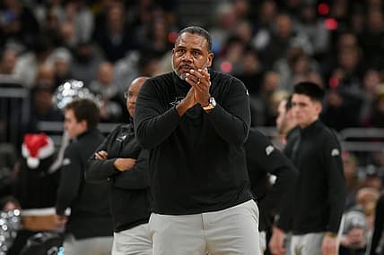Dec 20, 2022; Providence, Rhode Island, USA; Providence Friars head coach Ed Cooley applauds the team during a timeout against the Marquette Golden Eagles during the first half at Amica Mutual Pavilion. Mandatory Credit: Eric Canha-USA TODAY Sports